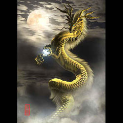 龍の絵「月雲・金龍」自作A4　竜の絵 1枚目の画像