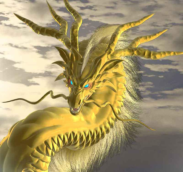龍の絵「月雲・金龍・明るめ」自作A4　竜の絵 3枚目の画像