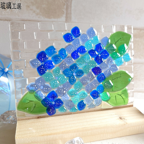受注制作】 あじさい レンガ 紫陽花 透明 6月 梅雨 ガラス
