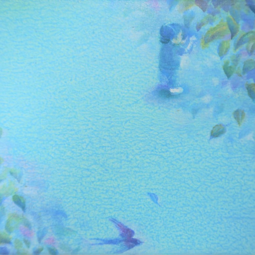 立体的な紙製アートパネル オレンジ青グラデーション 優しい絵＊青・水色＊葉っぱと子ども＊アートパネル＊グラデーション