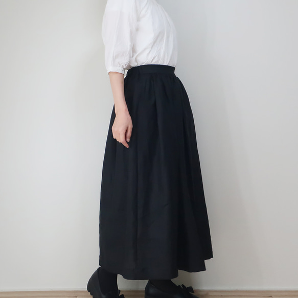 リネン100% ギャザースカート（フリー／黒色） 2枚目の画像