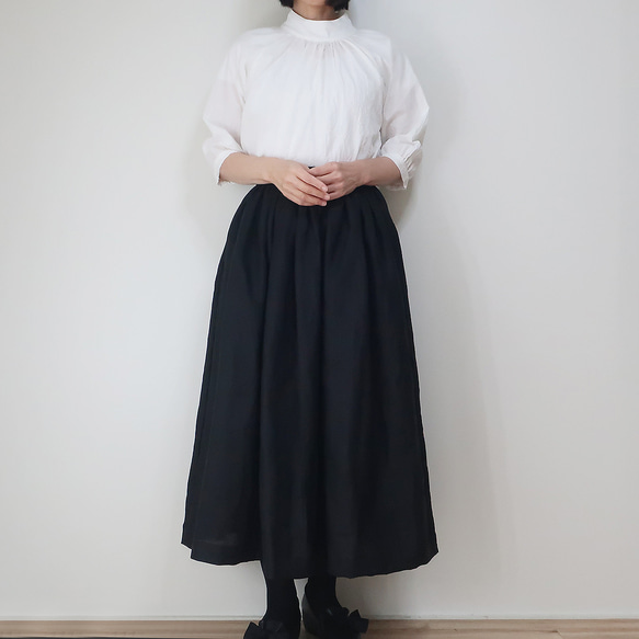 リネン100% ギャザースカート（フリー／黒色） 1枚目の画像