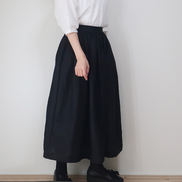 リネン100% ギャザースカート（フリー／黒色） 6枚目の画像