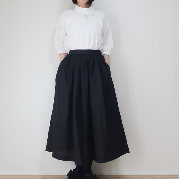 リネン100% ギャザースカート（フリー／黒色） 5枚目の画像