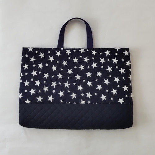◇縦31cm×横45cm ネイビー星柄×紺色 レッスンバッグ おけいこバック