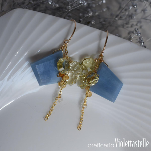 14kgf ブルーオパールのロングピアスWithレモンクォーツ ピアス