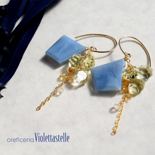 14kgf ブルーオパールのロングピアスWithレモンクォーツ ピアス