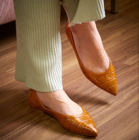 靴職人が創る「理想の革靴」型押しクロコ バレエシューズ フラットシューズ 21.5～26cm ＃camel 2枚目の画像