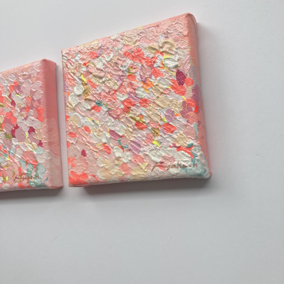 【原画・送料無料】一辺約10センチの小さな絵　2つセット抽象画　桜　キャンバス「ちいさな春」 3枚目の画像