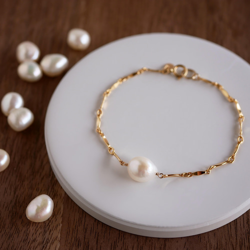 14kgf バロックパールとデザインチェーンのブレスレット ブレスレット