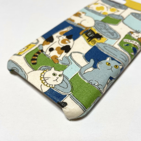 【Xperia/GALAXY/iPhone】猫の缶詰柄 ブルーグリーン ねこ キャット スマホケース 3枚目の画像