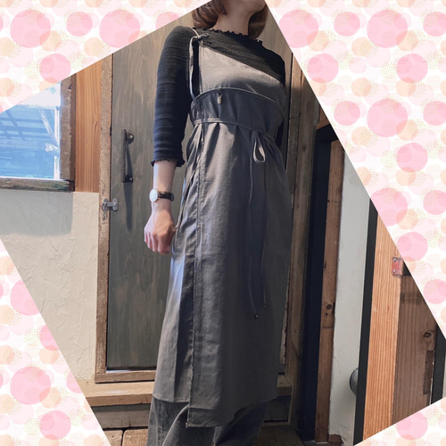 ハンドメイドワンショルダーエプロンワンピース麻綿