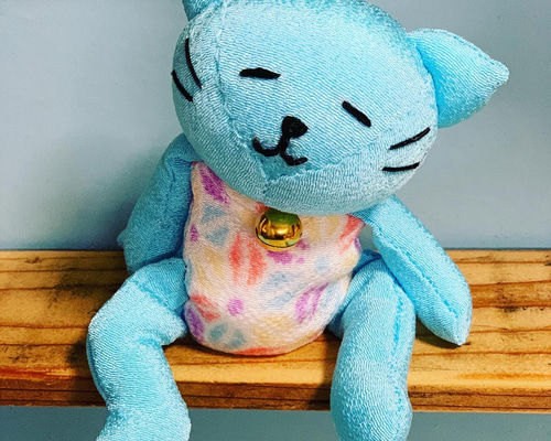 ハンドメイド ぬいぐるみ ネコ ダルネコ 水色&和柄 ぬいぐるみ
