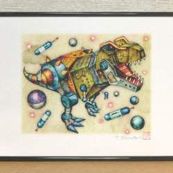 絵画　アート　インテリア　ロボット　怪獣　恐竜　機械　原画　青　白　らくがき　絵 機械仕掛けのチラノサウルス』 デジタル版画 /A4サイズ （作品
