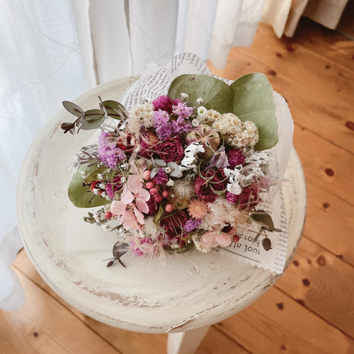 薔薇 ドライフラワー プリザーブド スワッグ ブーケ 花束 ギフトピンク