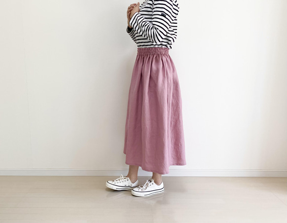 ♦︎特集掲載♦︎【 オトナのリネン 】国産リネン100％   ロングギャザースカート　桜ピンク 3枚目の画像