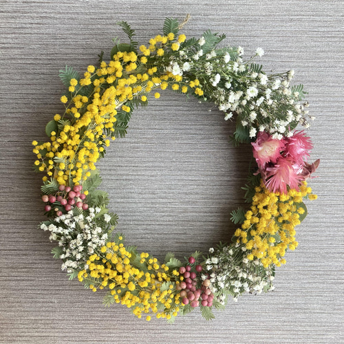 予約スタート【ふわふわミモザ】ミモザとかすみ草のリース 数量限定  