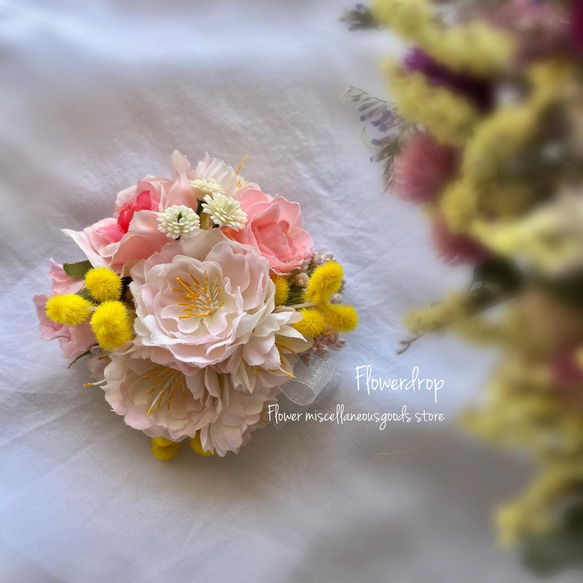 翌日発送可★ミモザと桜と薔薇のコサージュ　入園式　入学式 3枚目の画像