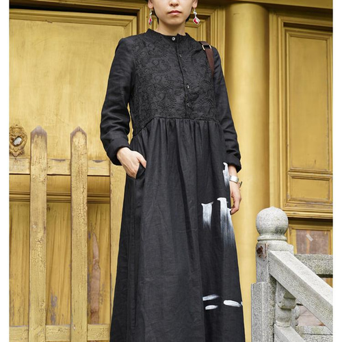 手描きの素敵なコットンリネンマキシドレス 美しい手描き プリーツ  