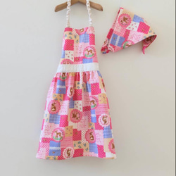 子供用エプロン☆三角巾セット☆ドレスみたいな☆アニマルパッチ【ピンク・ブルー・イエロー】 2枚目の画像
