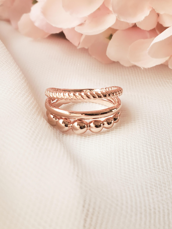 重ね付け、お洒落2点セット つぶつぶ ねじねじ,ボールピンクゴールド