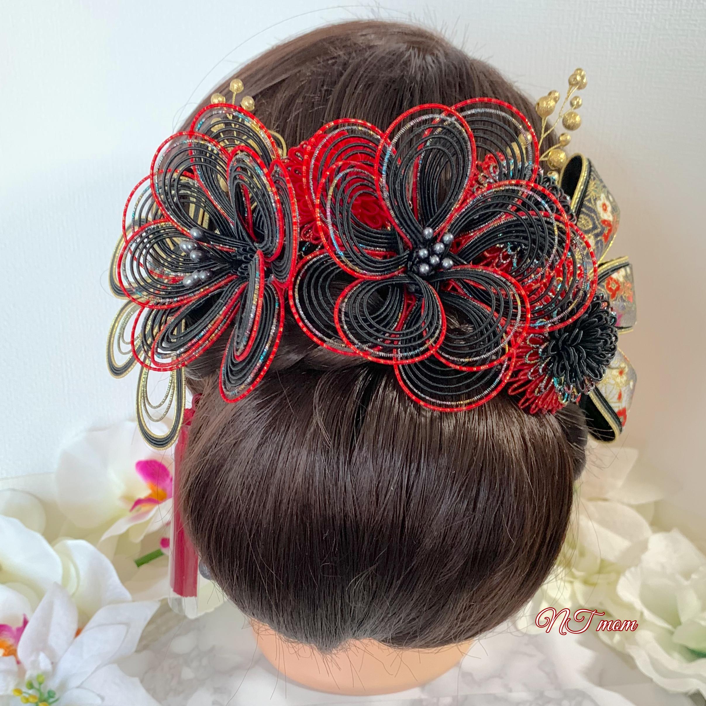 成人式卒業式結婚式・和装水引髪飾り・10点セット・黒赤