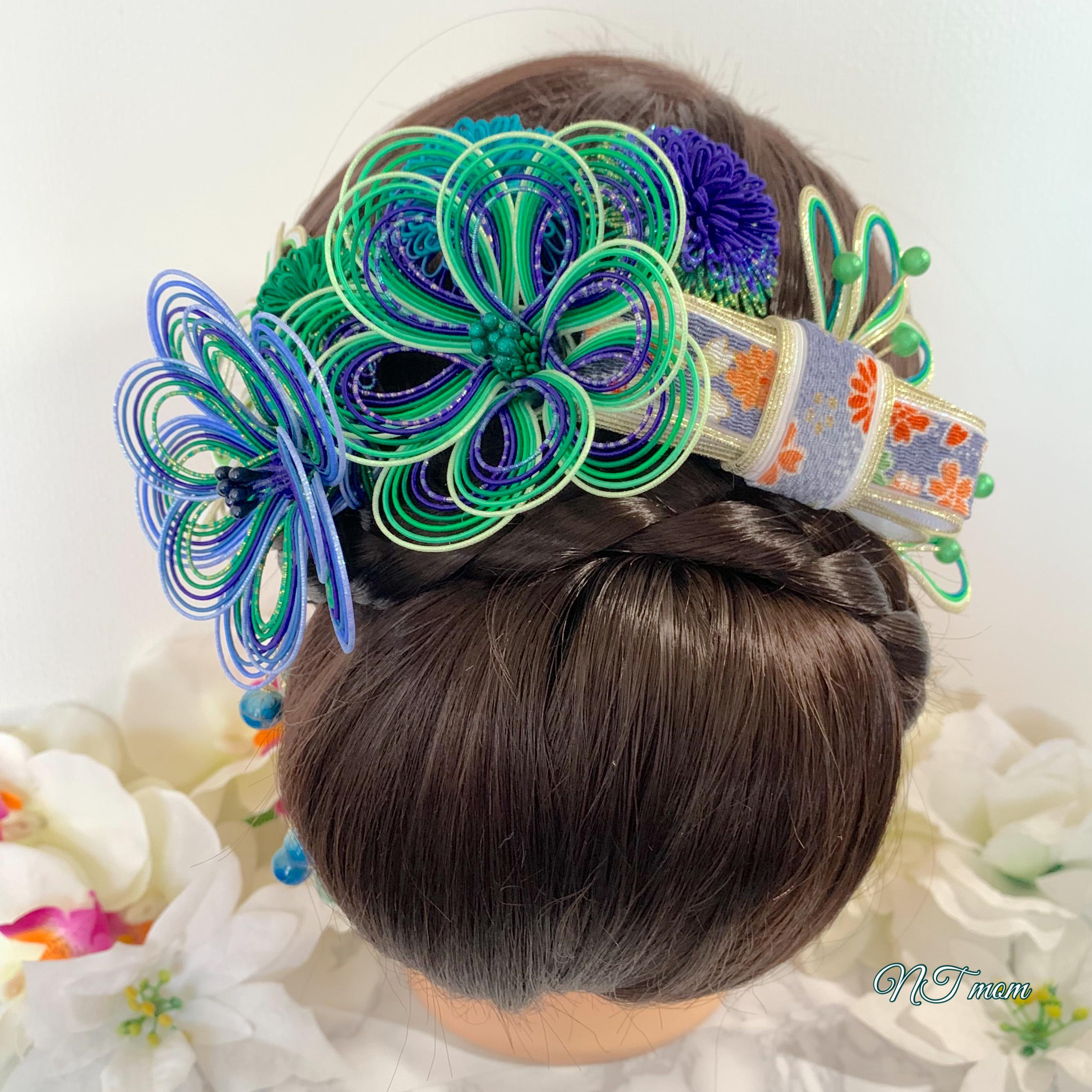 成人式卒業式結婚式・和装水引髪飾り・10点セット・青緑