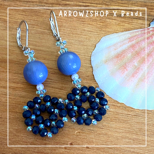 F01】ビーズピアス くすみブルーとネイビー はずれにくいピアス  