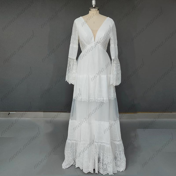 Vネック レトロ クラシカル ウェディングドレス ヴィンテージ袖付きドレス 376 2枚目の画像