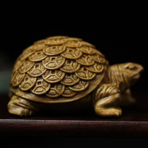 木彫り 彫刻 金銭亀 文房具 書道具 繊細彫刻 木製 カメ 縁起物 彫刻