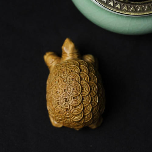 木彫り 彫刻 金銭亀 文房具 書道具 繊細彫刻 木製 カメ 縁起物 彫刻