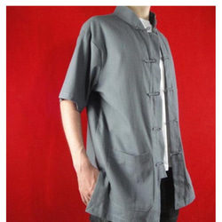 テーラード職人仕上げ 手作りチャイナ カラー付きリネン生地太極拳用   グレイシャツ#112 1枚目の画像