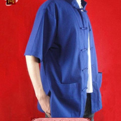 テーラード職人仕上げ 手作りチャイナ カラー付きリネン生地太極拳用　紺シャツ#113 2枚目の画像