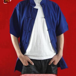 テーラード職人仕上げ 手作りチャイナ カラー付きリネン生地太極拳用　紺シャツ#113 3枚目の画像