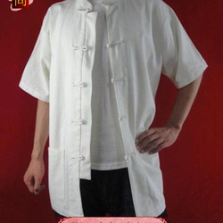 テーラード職人仕上げ 手作りチャイナ カラー付きリネン生地太極拳用　白シャツ#114 3枚目の画像