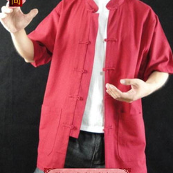 テーラード職人仕上げ 手作りチャイナ カラー付きプレミアムリネン生地太極拳用　赤シャツ#105 4枚目の画像