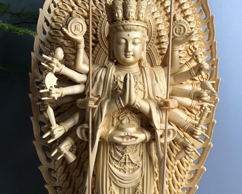 彫刻 チベット密教 観音菩薩 置物 木彫仏像 彫刻工芸品 総檜 千手観音菩薩 総檜材 仏教工芸品 木彫仏教 精密彫刻 極上品 仏師で
