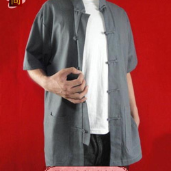 テーラード職人仕上げ 手作りチャイナ カラー付きプレミアムリネン生地太極拳用   グレイシャツ#102 2枚目の画像