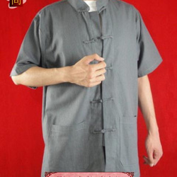 テーラード職人仕上げ 手作りチャイナ カラー付きプレミアムリネン生地太極拳用   グレイシャツ#102 3枚目の画像