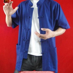 テーラード職人仕上げ 手作りチャイナ カラー付きプレミアムリネン生地太極拳用　紺シャツ#103 4枚目の画像