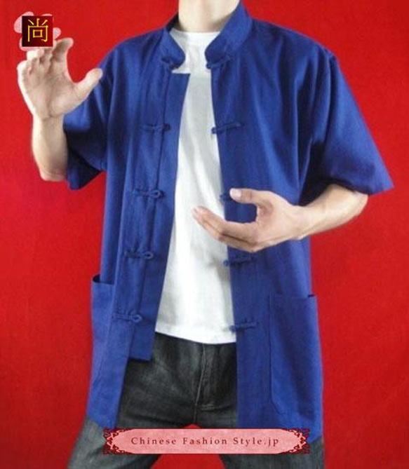 テーラード職人仕上げ 手作りチャイナ カラー付きプレミアムリネン生地太極拳用　紺シャツ#103 4枚目の画像
