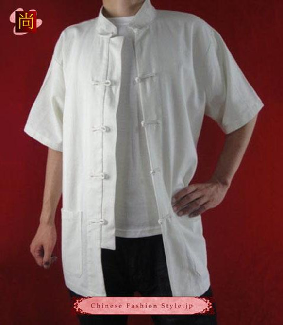 テーラード職人仕上げ 手作りチャイナ カラー付きプレミアムリネン生地太極拳用　白シャツ#104 3枚目の画像