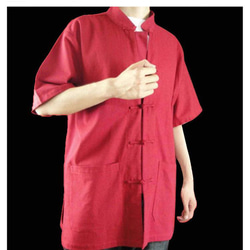 テーラード職人仕上げ 手作りチャイナ カラー付きリネン生地太極拳用　赤シャツ#115 1枚目の画像