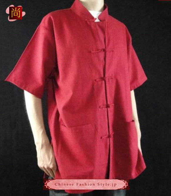 テーラード職人仕上げ 手作りチャイナ カラー付きリネン生地太極拳用　赤シャツ#115 3枚目の画像