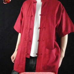 テーラード職人仕上げ 手作りチャイナ カラー付きリネン生地太極拳用　赤シャツ#115 2枚目の画像