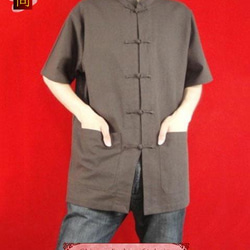 テーラード職人仕上げ 手作りチャイナ カラー付きリネン生地太極拳用　ブラウンシャツ#117 4枚目の画像