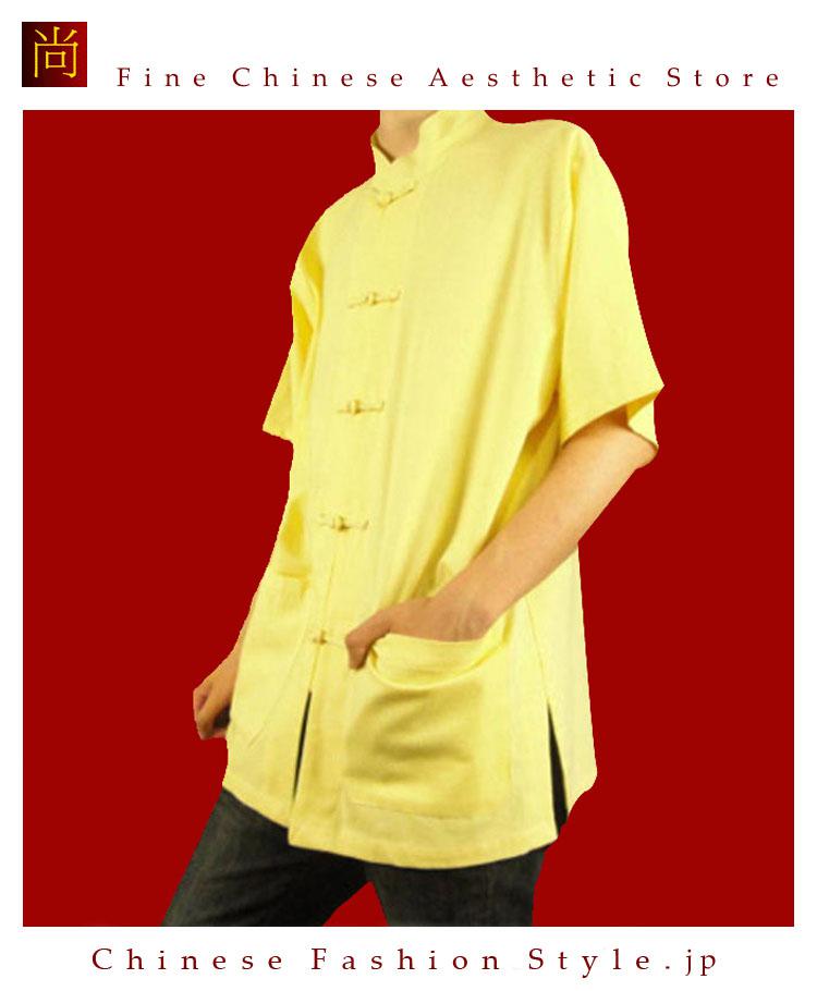テーラード職人仕上げ 手作りチャイナ カラー付きリネン生地太極拳用　ゴールドシャツ#118