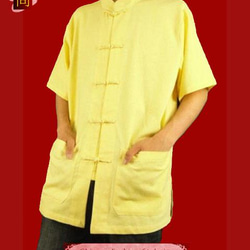 テーラード職人仕上げ 手作りチャイナ カラー付きリネン生地太極拳用　ゴールドシャツ#118 3枚目の画像