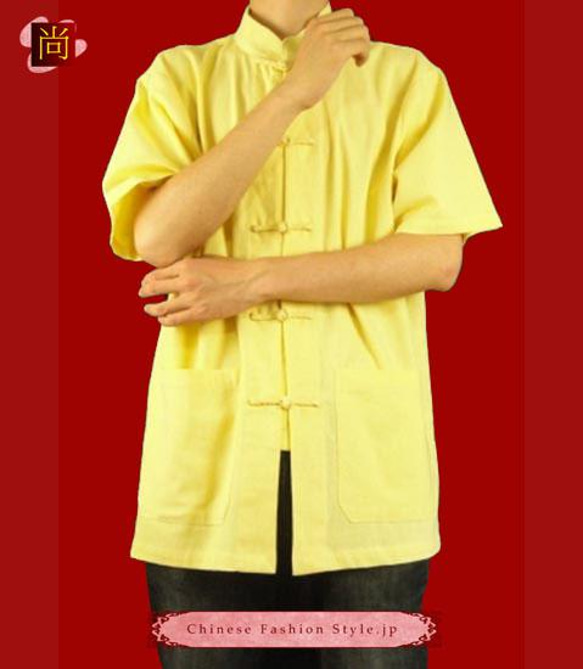 テーラード職人仕上げ 手作りチャイナ カラー付きリネン生地太極拳用　ゴールドシャツ#118 4枚目の画像