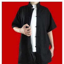 テーラード職人仕上げ 手作りチャイナ カラー付きコットン生地太極拳用　黒シャツ#121 1枚目の画像